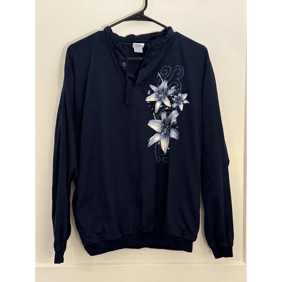 Vintage Crazy Shirts Hawaii Shirt Mens Small Henley Pullover Floral Navy - Picture 1 of 13